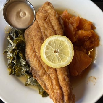 Melba's Restaurant - Fried Country Catfish with asap yams and collard greens - Southern Near Me - New York, New York Melba's Restaurant - Fried Country Catfish with asap yams and collard greens - Southern Near Me - New York, New York