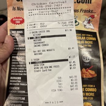Chicken Carnival - They messed up the very first order. How did they mess that up? BACON... CHEESE... DOG. I got the dog, not the first 2 listed items. - Chicken Wings Near Me - Merrick, New York