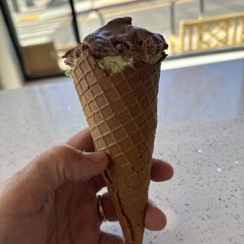 Ice Cream Luv - House made waffle cone with the green tea ice cream with rocky road. - Ice Cream & Frozen Yogurt Near Me - Los Angeles, California