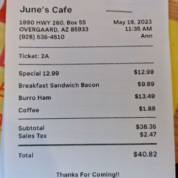 June's Cafe - Our receipt - American Near Me - Heber, Arizona