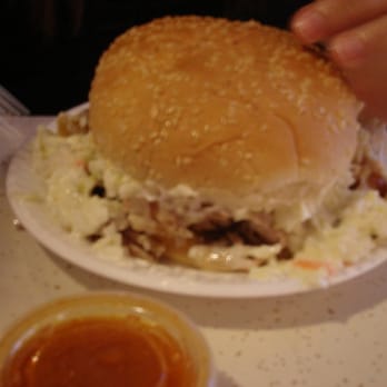 Ted's Kickin Chicken - Chopped chicken sandwich with slaw and sauce. Yum, but note the tiny plate. - Southern Near Me - North Wilkesboro, North Carolina