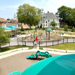 Humiston Riverside Park - Splash pad, view from playground.