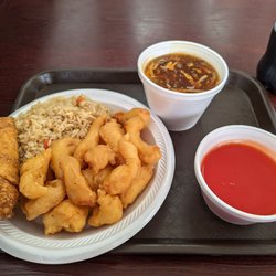 Bamboo Garden - Sweet and Sour Chicken with fried rice and a shrimp egg roll