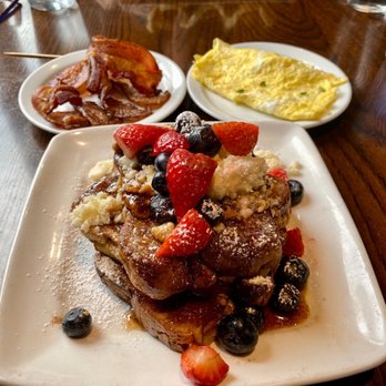 The Woodbury - French Toast Casserole with side of scrambled eggs and bacon - New American Near Me - Columbus, Ohio