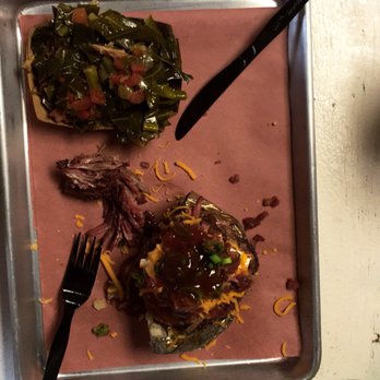 Truth BBQ - Half the loaded potato and greens - Barbeque Near Me - Brenham, Texas Truth BBQ - Half the loaded potato and greens - Barbeque Near Me - Brenham, Texas