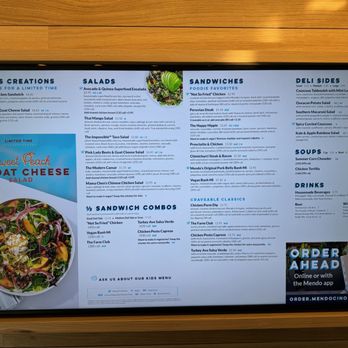 Mendocino Farms - Large Menu board, FYI, Look Down  you choice of chips are in the aluminum bins under the board. - Salad Near Me - Vacaville, California