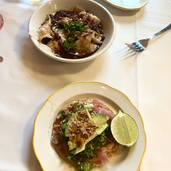 La Lucha - Shrimp and Pork Dumplings (top) , Tuna Tostada (bottom) - Seafood Near Me - Houston, Texas