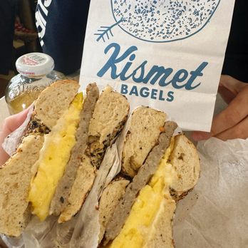 Kismet Bagels Luncheonette - Penn Valley - SEC - Sausage, Egg and Cooper Sharp on an Everything Bagel - Bagels Near Me - Penn Valley, Pennsylvania
