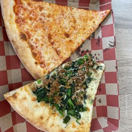 Lunch special: 2 slices and soda for $8. Cheese slice and sausage + broccoli rabe. Does this count as eating a vegetable?