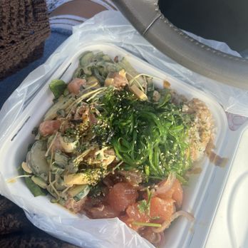 Poke Fuzion - Poke bowl with half mixed greens/ half white rice, salmon, marinated albacore, and almost all the toppings lol. - Poke Near Me - Mesa, Arizona