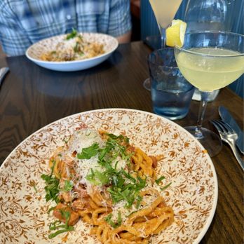 Alla Campagna - Bucatini with shrimp, Paparadelle, Limoncello Drop, and a Peach Bellini - Italian Near Me - Fredericksburg, Texas Alla Campagna - Bucatini with shrimp, Paparadelle, Limoncello Drop, and a Peach Bellini - Italian Near Me - Fredericksburg, Texas