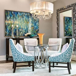 Decorating Den Interiors - Dining Room to die for with art, lighting, table, chairs, mirror, etc!