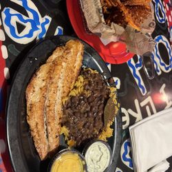 Mojo Grill & Catering - Red Fish plate with beans and rice and sweet potato fries