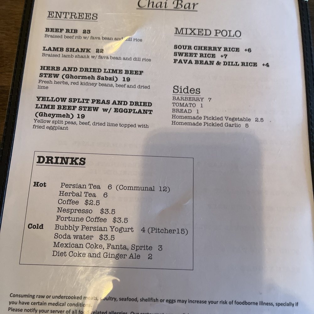 Chai Bar - Menu page 1 - Persian/Iranian Near Me - Revere, Massachusetts