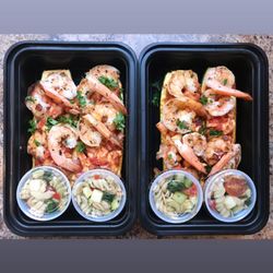 Minymeals - Shrimp Stuffed Zucchini Boats & w/ a side of Tri-Color Rotini Pasta