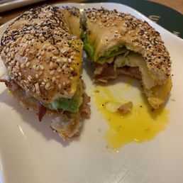 Ham, egg, cheese and avocado bagel on everything bagel!