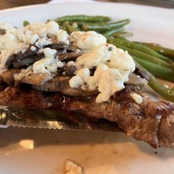 The Wild Hare Saloon - NY steak with bleu cheese and mushrooms.
