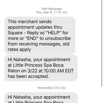 Little Princess Spa - Screenshot of text messages confirming party up until the day before! - Day Spas Near Me - Boca Raton, Florida