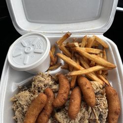 Allen & Son Bar-B-Que - Barbecue plate with hush puppies, baked beans, and fries