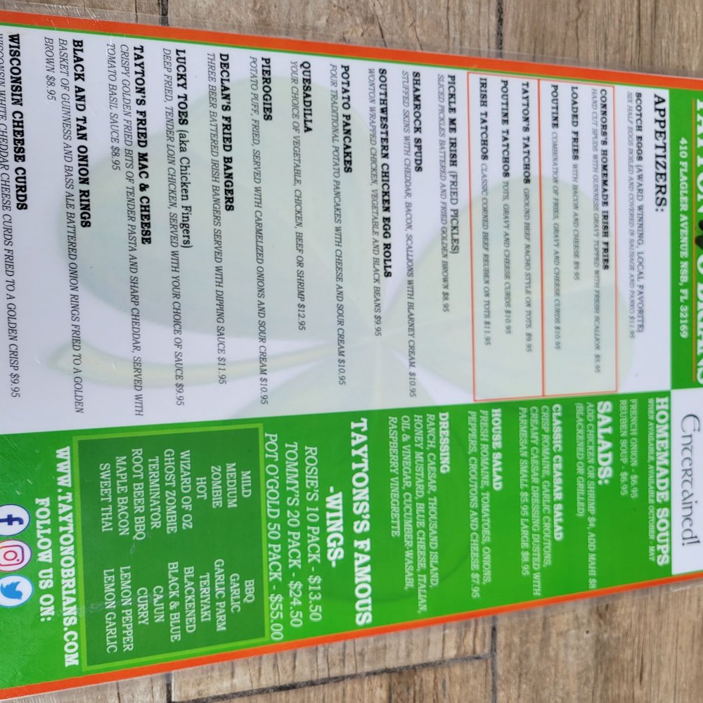 Tayton O'Brians - Menu - New American Near Me - New Smyrna Beach, Florida