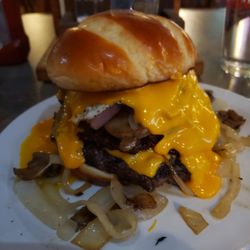 Hawg Dogs - Minipops!  Double bacon cheeseburger with ham and a fried egg with grilled onions and mushrooms!