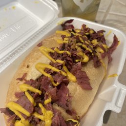 a hot dog with mustard a hot dog with mustard