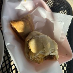 Crab arepa and chicken empanada (half sizes for each)