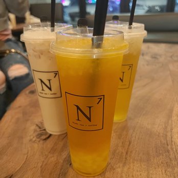 N7 Draft Tea and Coffee - Mango green tea with lychee jelly (front) + House milk tea (left) + Jasmine green tea (right) - Coffee & Tea Near Me - San Jose, California N7 Draft Tea and Coffee - Mango green tea with lychee jelly (front) + House milk tea (left) + Jasmine green tea (right) - Coffee & Tea Near Me - San Jose, California