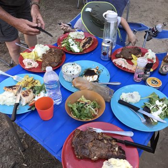 New Mexico River Adventures - Dinner: steak, salmon, chicken, mashed potatoes and salad! Awesome meal! - Rafting/Kayaking Near Me - Embudo, New Mexico