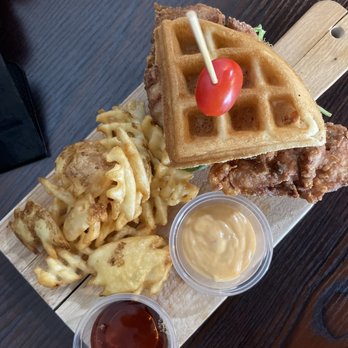 Hide Out Cafe - Fried Chicken Waffle w/waffle fries - Cafes Near Me - Rowland Heights, California