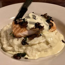 Salmon, mushroom, mashed potatoes with hollandaise sauce Yum!