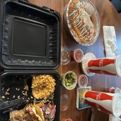 Tapatios Mexican Grill & Cantina - Fish Tacos (already half demolished before I decided I better share a review!), chips & salsa w/guacamole, horchata, take out.