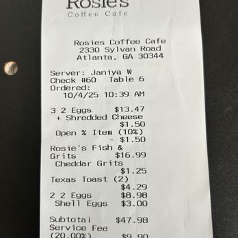 Rosie's Coffee Cafe - My receipt!  For a 'plate of stuff' which I refused to eat; and another small order; and, for deception of a  compounded gratuity. - Breakfast & Brunch Near Me - Atlanta, Georgia