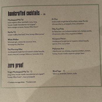 Monkeypod Kitchen - Cocktail menu - Tacos Near Me - Honolulu, Hawaii