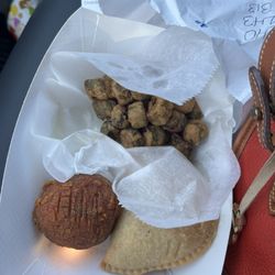 Shop A Lott - Fried okra, a meat pie, and a spicy Boudin ball