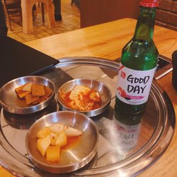 Yishan Korean Resturant - Peach soju, kimchi, pickled daikon, carrots, zucchini
