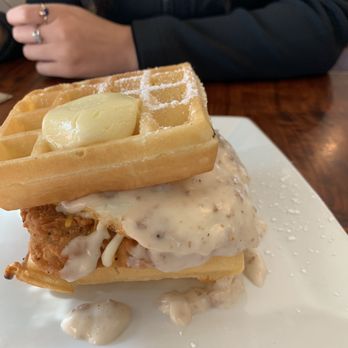 Vic's - Chicken fried steak with waffles breakfast sandwich with egg and country gravy for my daughter - Breakfast & Brunch Near Me - Martinez, California