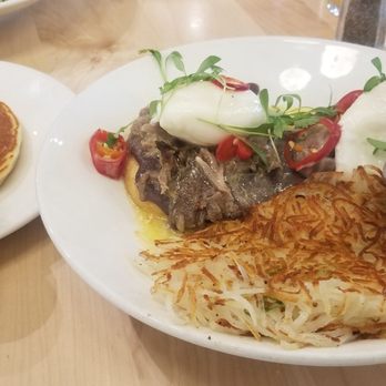 Benedict's - Cuban Benedict: instead of bread is arepa, pull pork. You can choose between breakfast potatoes or hash browns - Breakfast & Brunch Near Me - Rochester, Minnesota