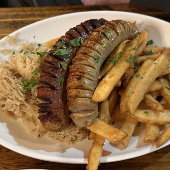 Urban German Wursthaus - My husband got the Duo Wurstplate (German Bratwurst and Bavarian Bierwurst) with pommes frites. - German Near Me - Portland, Oregon Urban German Wursthaus - My husband got the Duo Wurstplate (German Bratwurst and Bavarian Bierwurst) with pommes frites. - German Near Me - Portland, Oregon