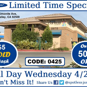 Spotless Express Car Wash - Follow Us @spotlessjurupa for weekly discount codes and specials like the one shown here! - Car Wash Near Me - Riverside, California Spotless Express Car Wash - Follow Us @spotlessjurupa for weekly discount codes and specials like the one shown here! - Car Wash Near Me - Riverside, California