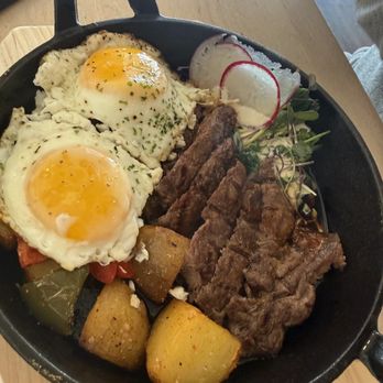 Genki Kitchen - Modified steak skillet with sunny side up eggs instead of - Japanese Near Me - Sacramento, California Genki Kitchen - Modified steak skillet with sunny side up eggs instead of - Japanese Near Me - Sacramento, California