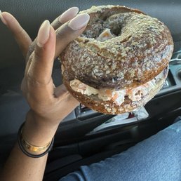 Salmon on blue berry bagel