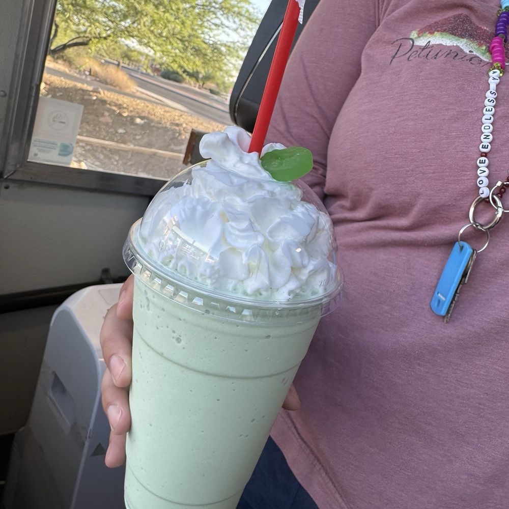 Brewed Awakening - Blended white chocolate Matcha ( with gummy lifesaver atop) - Coffee & Tea Near Me - Tucson, Arizona