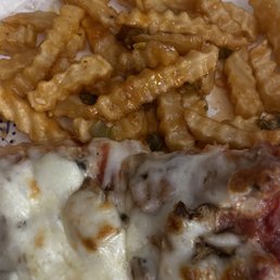 Kung Fu Fries with sausage and mushroom pizza Kung Fu Fries with sausage and mushroom pizza