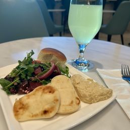 Beet salad, pita and hummus. Lemonade