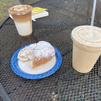 Coffee Cottage - Iced caramel macchiato with whole milk and iced hazelnut oatmilk latte - Coffee & Tea Near Me - Calabash, North Carolina