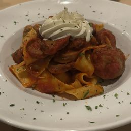Sausage, meatball, wide flat delicious noodles. Sausage, meatball, wide flat delicious noodles.