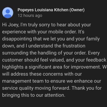 Popeyes Louisiana Kitchen - Owners response on Google. No ACCOUNTABILITY - Fast Food Near Me - Menifee, California Popeyes Louisiana Kitchen - Owners response on Google. No ACCOUNTABILITY - Fast Food Near Me - Menifee, California