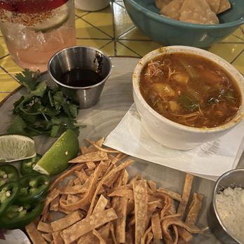 Playa Mesa - Cup of Chicken Tortilla Soup and Watermelon margarita - Mexican Near Me - Costa Mesa, California Playa Mesa - Cup of Chicken Tortilla Soup and Watermelon margarita - Mexican Near Me - Costa Mesa, California