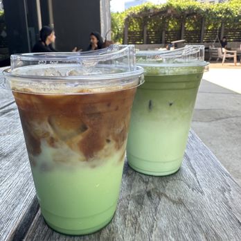 Wall Writers Coffee - Pandan Latte (Left) , Pandan Matcha (Right) - Coffee & Tea Near Me - Irvine, California Wall Writers Coffee - Pandan Latte (Left) , Pandan Matcha (Right) - Coffee & Tea Near Me - Irvine, California